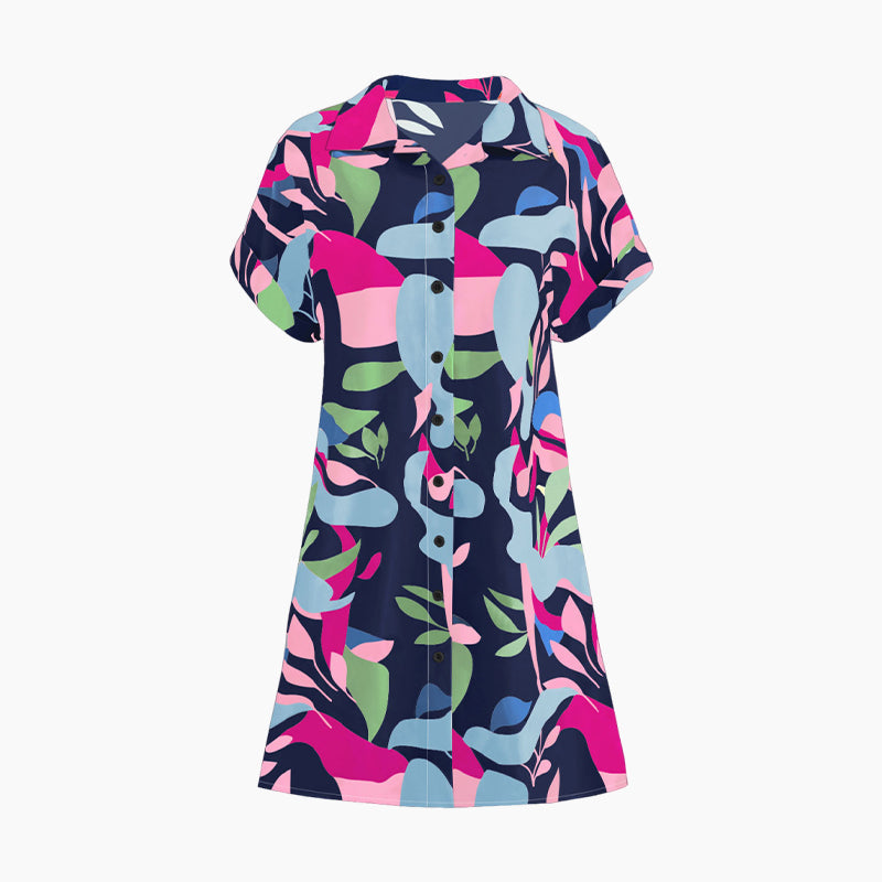🌸SOMMERANGEBOT - 50% RABATT🌸Modisches Kurzarm-Hemdblusenkleid für Damen mit Print und Knopfleiste