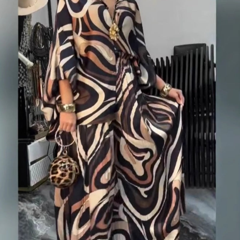 ❤️Modisches Damen-Set mit lockerem, bedrucktem Hemd und Hose mit weitem Bein, 2-teilig