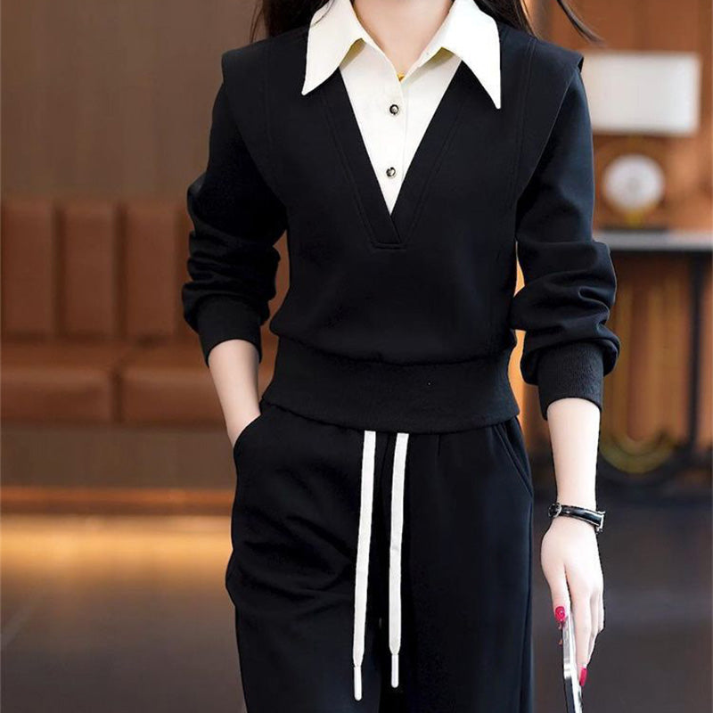 Damen-Zweiteiler: Oberteil mit Hemdkragen & Hose mit Kordelzug