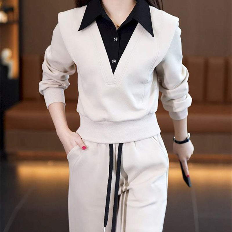 Damen-Zweiteiler: Oberteil mit Hemdkragen & Hose mit Kordelzug