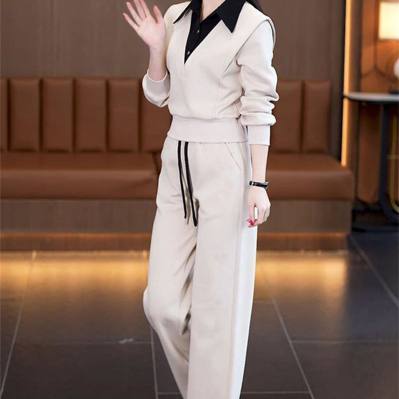 Damen-Zweiteiler: Oberteil mit Hemdkragen & Hose mit Kordelzug