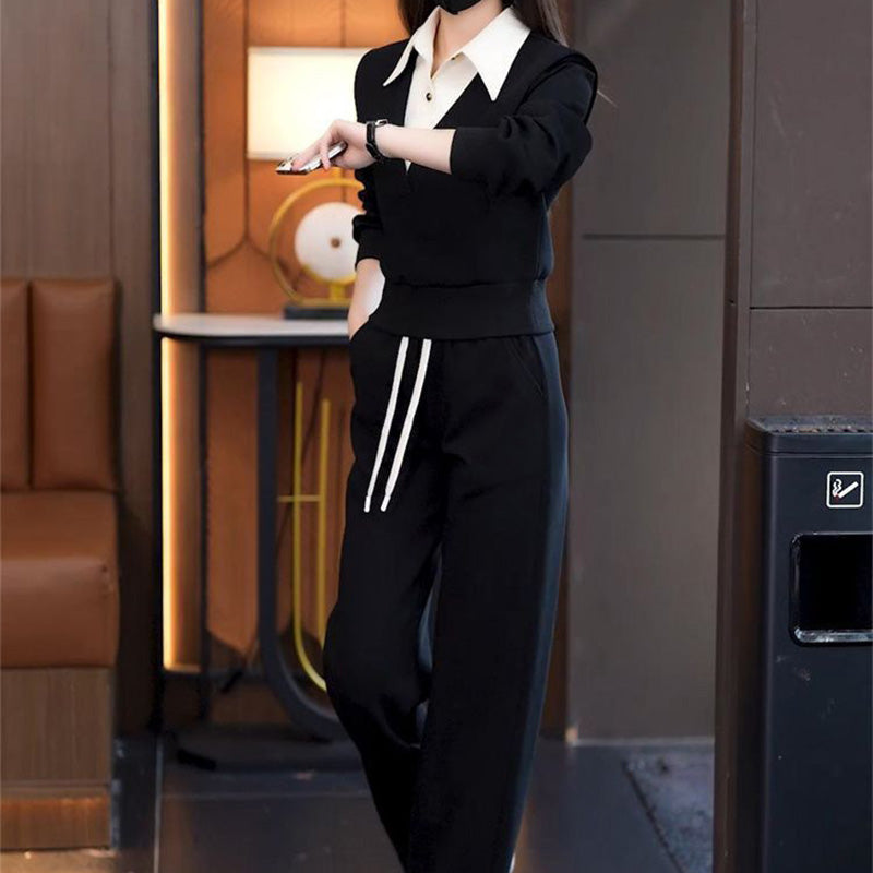 Damen-Zweiteiler: Oberteil mit Hemdkragen & Hose mit Kordelzug