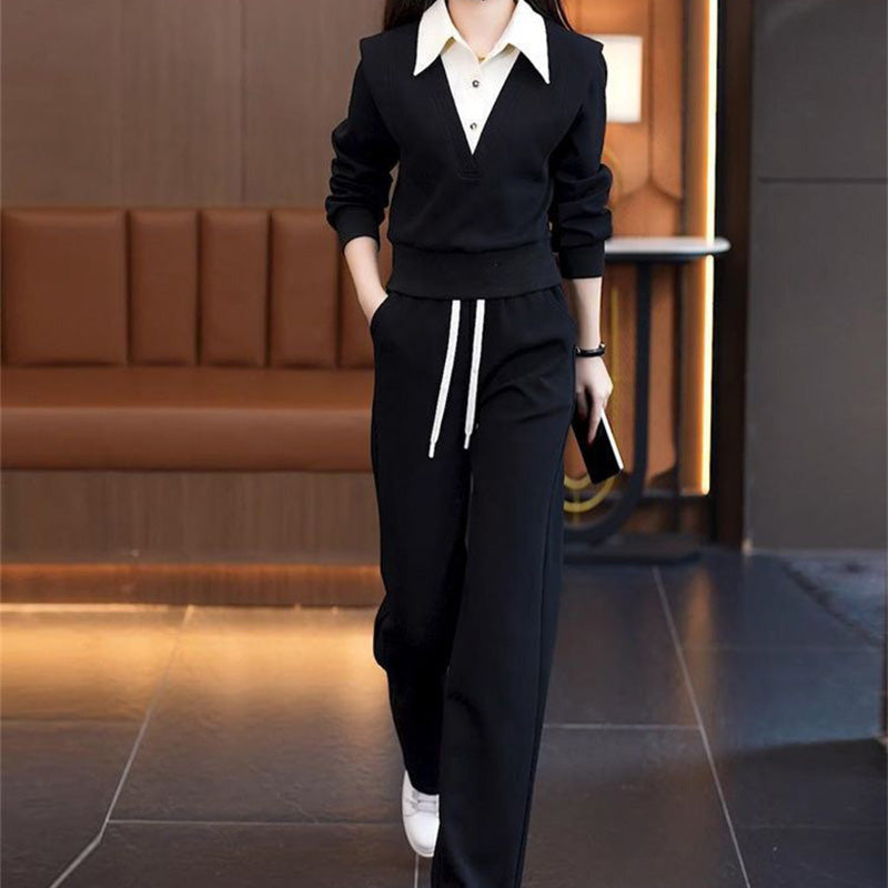 Damen-Zweiteiler: Oberteil mit Hemdkragen & Hose mit Kordelzug