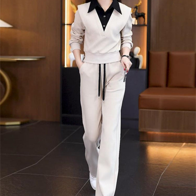 Damen-Zweiteiler: Oberteil mit Hemdkragen & Hose mit Kordelzug