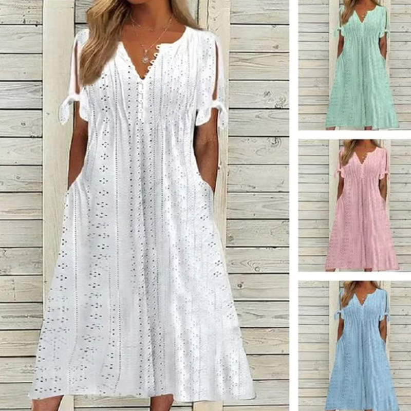 🌸💐Elegantes Kleid mit V-Ausschnitt und Hohlkehle für Frauen🚀Kaufen Sie 2 und erhalten Sie kostenlosen Versand🚀