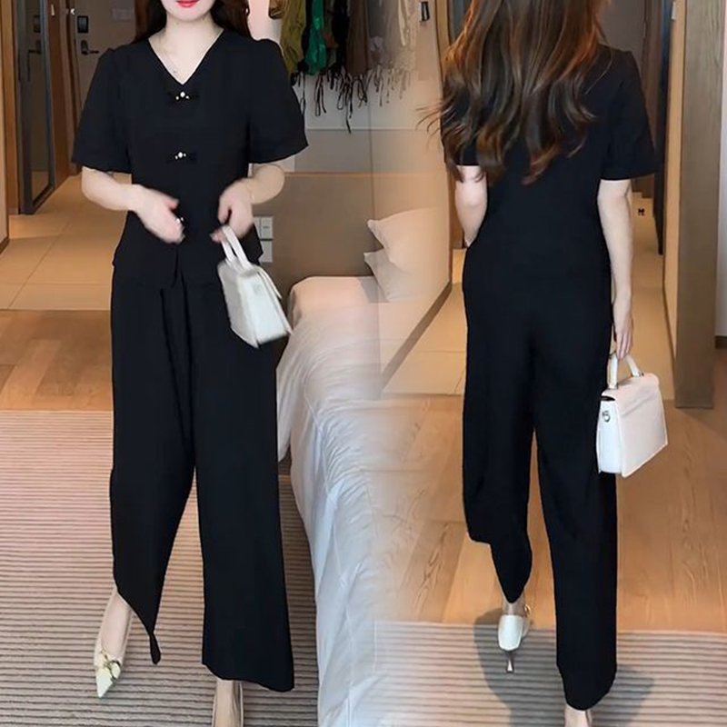 💥Kurzärmeliges Oberteil mit V-Ausschnitt und passende Hose mit weitem Bein - 2-teiliges Set für Frauen