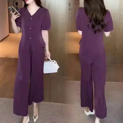 💥Kurzärmeliges Oberteil mit V-Ausschnitt und passende Hose mit weitem Bein - 2-teiliges Set für Frauen