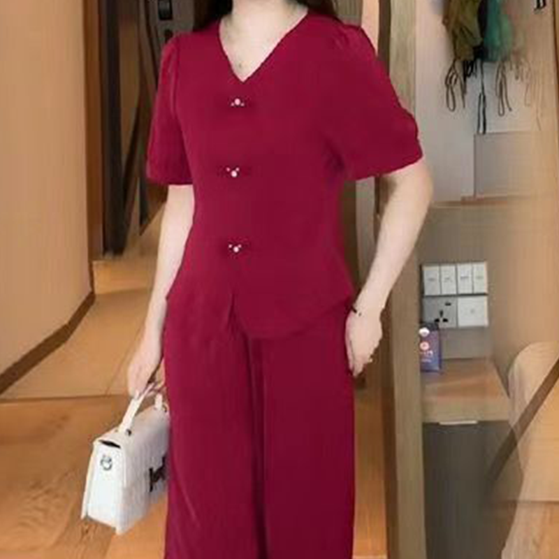 💥Kurzärmeliges Oberteil mit V-Ausschnitt und passende Hose mit weitem Bein - 2-teiliges Set für Frauen