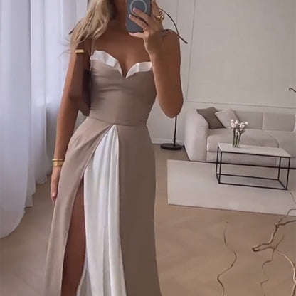 ✨50% Rabatt✨👗Langes, plissiertes, ärmelloses Kleid mit Farbblock für Frauen