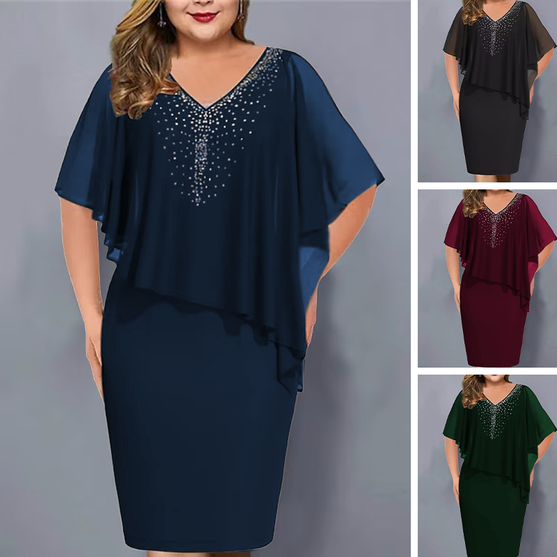✨🎉Sommerschlussverkauf 50% OFF💃Strass-Cape-Kleid mit V-Ausschnitt und Chiffon-Überzug