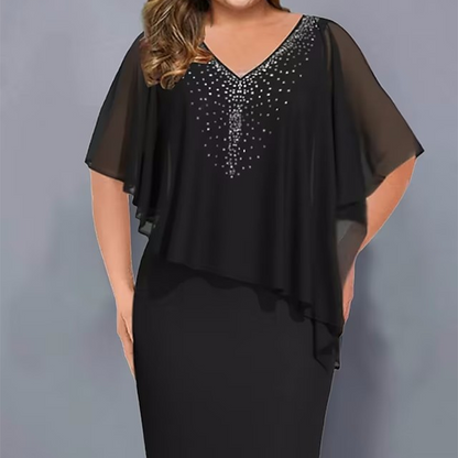 ✨🎉Sommerschlussverkauf 50% OFF💃Strass-Cape-Kleid mit V-Ausschnitt und Chiffon-Überzug