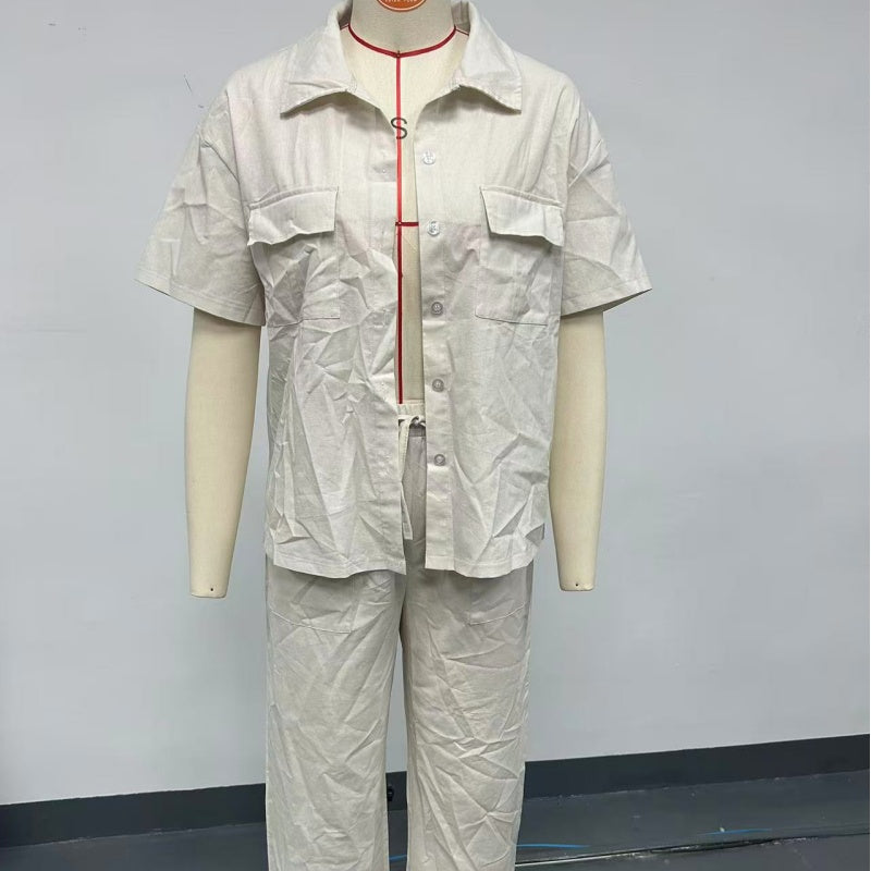 ☀️Set aus kurzärmligem Hemd und lockerer Hose aus Baumwolle und Leinen🩳