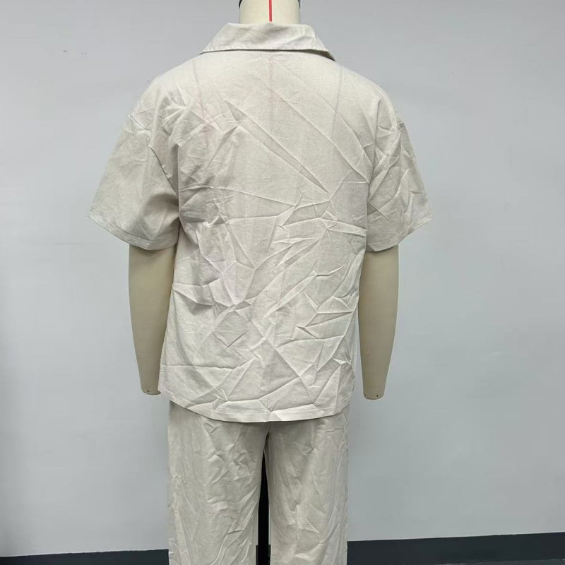 ☀️Set aus kurzärmligem Hemd und lockerer Hose aus Baumwolle und Leinen🩳