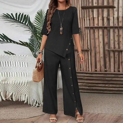 🌸Zweiteiliges Damen-Set aus Top mit asymmetrischem Saum und Hose mit weitem Bein