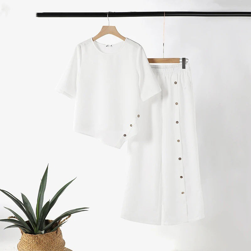 🌸Zweiteiliges Damen-Set aus Top mit asymmetrischem Saum und Hose mit weitem Bein