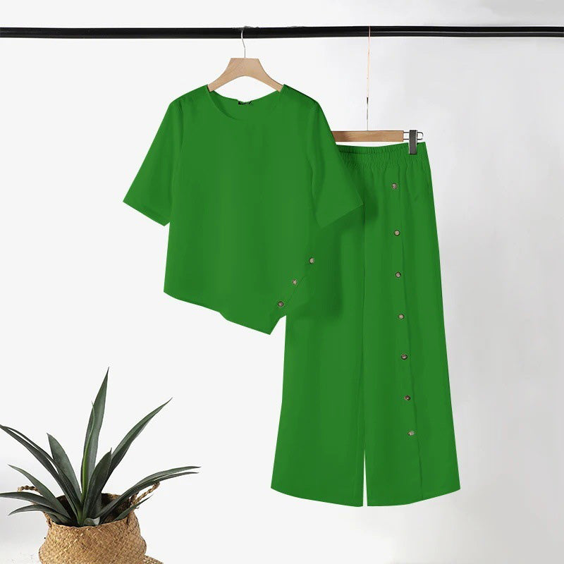 🌸Zweiteiliges Damen-Set aus Top mit asymmetrischem Saum und Hose mit weitem Bein