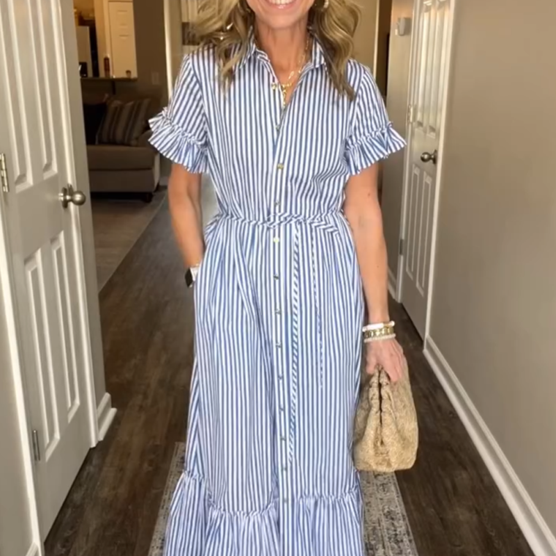 🔥 👗NEU 2025:Blau-weißes Rüschenkleid mit SchleifenbandJetzt – Jetzt 35% sparen!