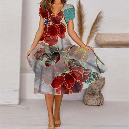 🌺Fließendes, bedrucktes Kleid mit V-Ausschnitt für Damen-Bequem. Elegant. Für JEDEN Tag