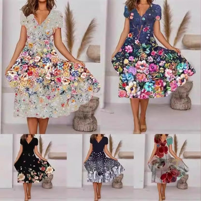 🌺Fließendes, bedrucktes Kleid mit V-Ausschnitt für Damen-Bequem. Elegant. Für JEDEN Tag