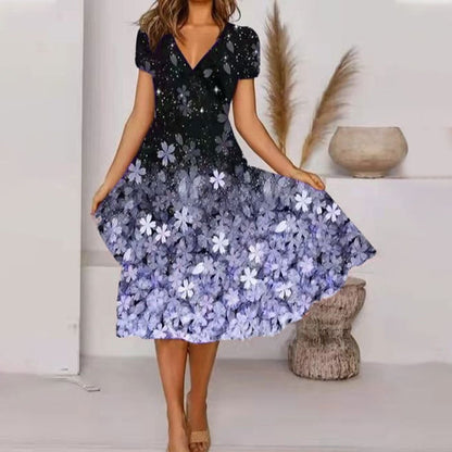 🌺Fließendes, bedrucktes Kleid mit V-Ausschnitt für Damen-Bequem. Elegant. Für JEDEN Tag