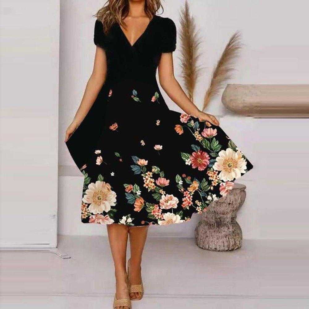 🌺Fließendes, bedrucktes Kleid mit V-Ausschnitt für Damen-Bequem. Elegant. Für JEDEN Tag