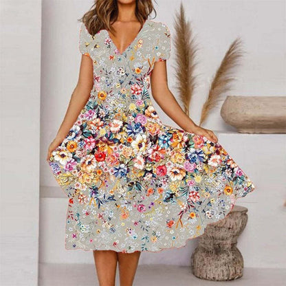 🌺Fließendes, bedrucktes Kleid mit V-Ausschnitt für Damen-Bequem. Elegant. Für JEDEN Tag