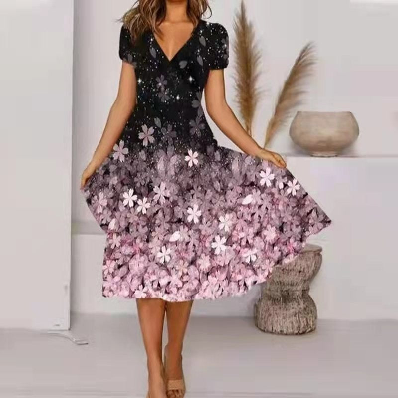🌺Fließendes, bedrucktes Kleid mit V-Ausschnitt für Damen-Bequem. Elegant. Für JEDEN Tag