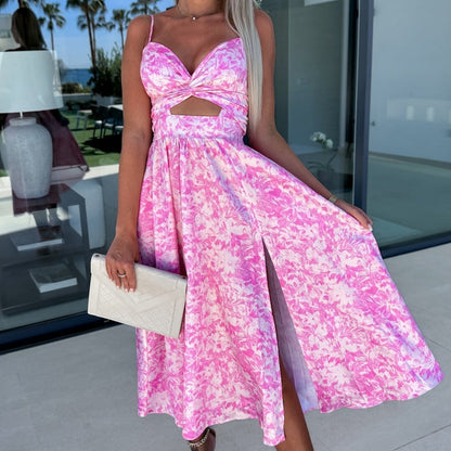 🌸 50% Rabatt auf neue Produkte 💖Rosa ärmelloses Kleid mit Blumenmuster, Taillenausschnitt und V-Ausschnitt