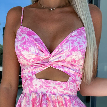 🌸 50% Rabatt auf neue Produkte 💖Rosa ärmelloses Kleid mit Blumenmuster, Taillenausschnitt und V-Ausschnitt