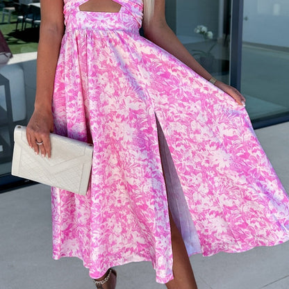 🌸 50% Rabatt auf neue Produkte 💖Rosa ärmelloses Kleid mit Blumenmuster, Taillenausschnitt und V-Ausschnitt