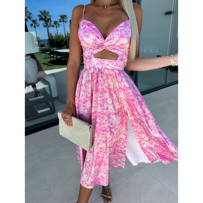 🌸 50% Rabatt auf neue Produkte 💖Rosa ärmelloses Kleid mit Blumenmuster, Taillenausschnitt und V-Ausschnitt