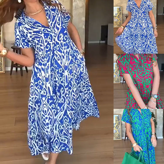 🌊Begrenzte Zeit 50% Rabatt🎨Langes Damenkleid mit lässigem Print in A-Linie