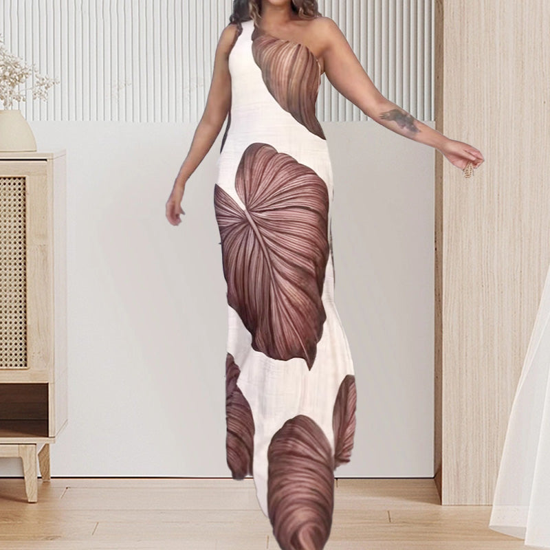 🔥 Begränsad tid 50% rabatt!🔥💃Schlankes One-Shoulder-Maxikleid mit Palmenmuster