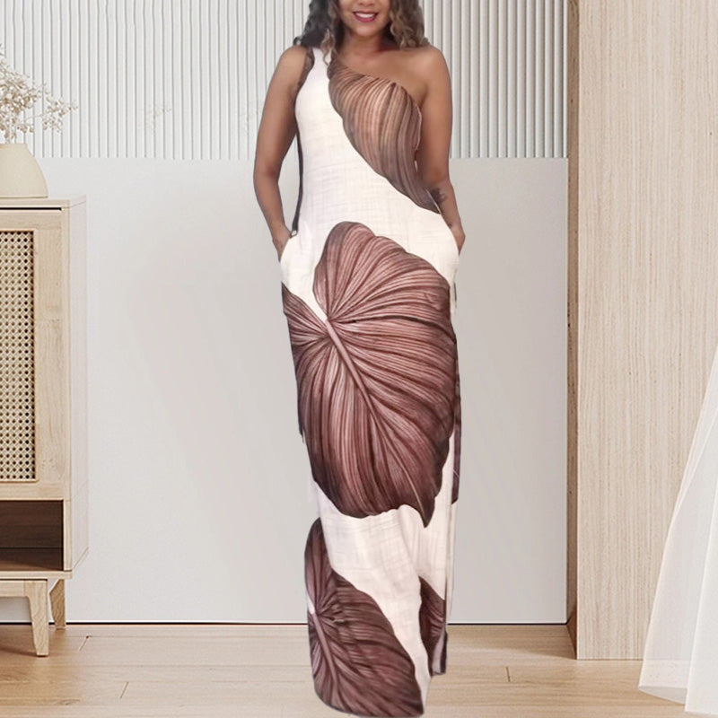 🔥 Begränsad tid 50% rabatt!🔥💃Schlankes One-Shoulder-Maxikleid mit Palmenmuster