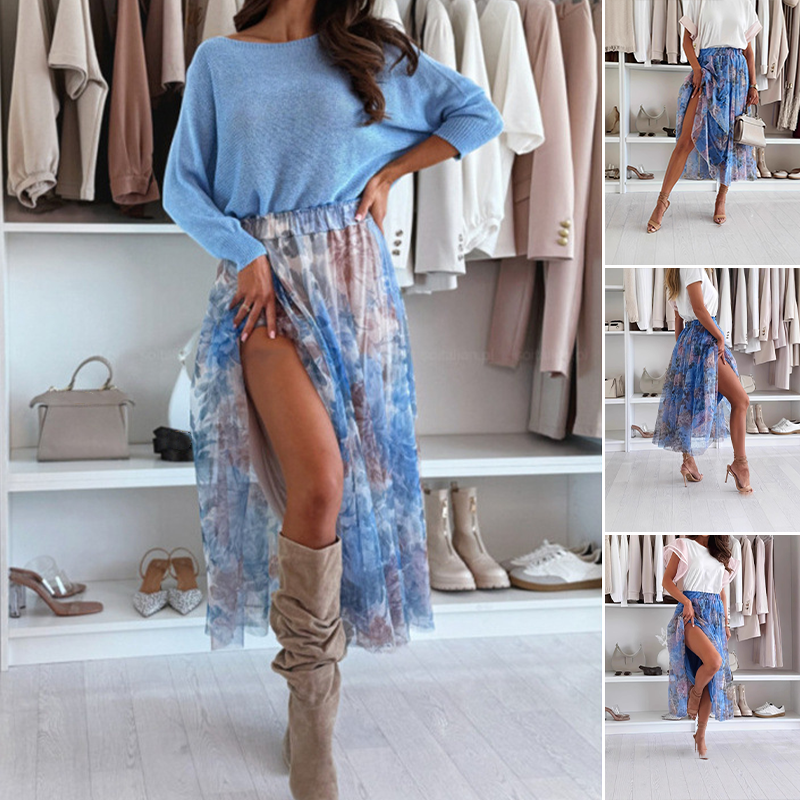 Damen eleganter langer Rock mit Blumenmuster und elastischem Bund