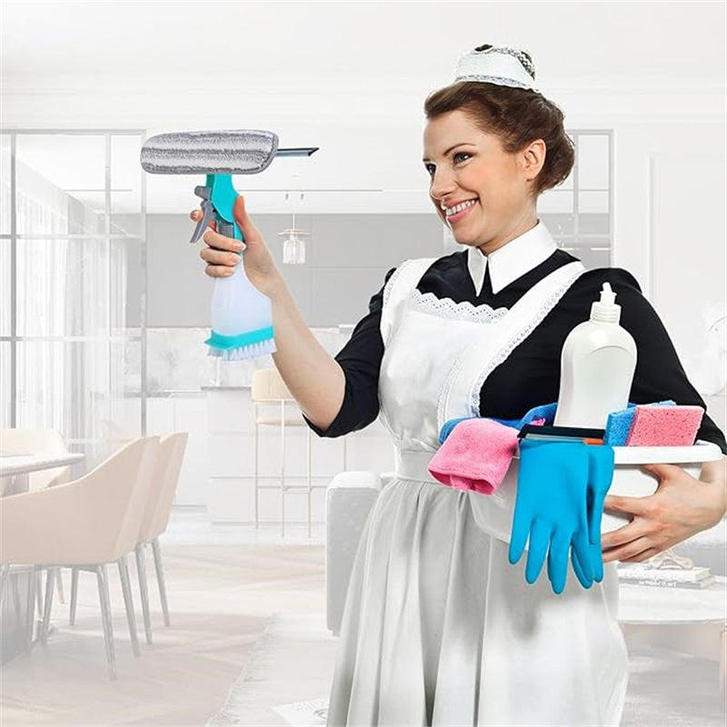 4-in-1 Glasreiniger - Kombiniert Wischer, Schaber, Bürste und Sprühflasche