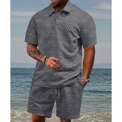 👑🔥Herren-Zweiteiler mit Rautenstruktur: Kurzarmhemd mit Kragen & Shorts mit Kordelzug