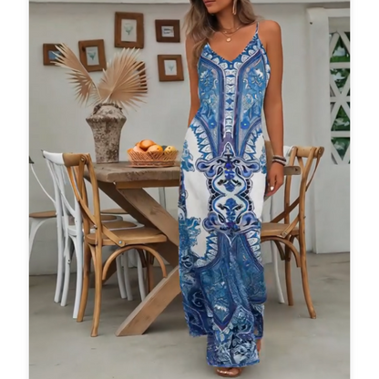 👗Ärmelloses Maxikleid mit V-Ausschnitt und Retro-Print für Damen