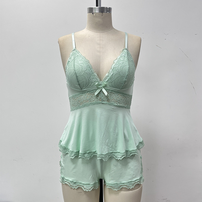 💖Nachtwäsche-Set aus Camisole und Shorts mit V-Ausschnitt und Spitzenbesatz✨