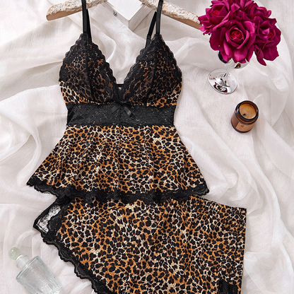 💖Nachtwäsche-Set aus Camisole und Shorts mit V-Ausschnitt und Spitzenbesatz✨