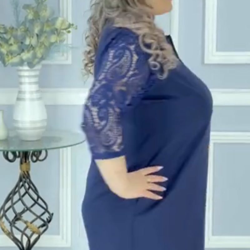 Damenkleid mit Spitzen-Patchwork und V-Ausschnitt