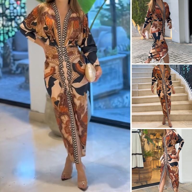 Schlankes Maxikleid mit V-Ausschnitt und Schlitzsaum