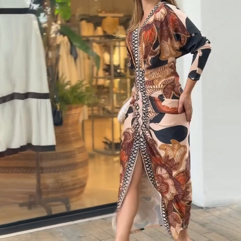 Schlankes Maxikleid mit V-Ausschnitt und Schlitzsaum