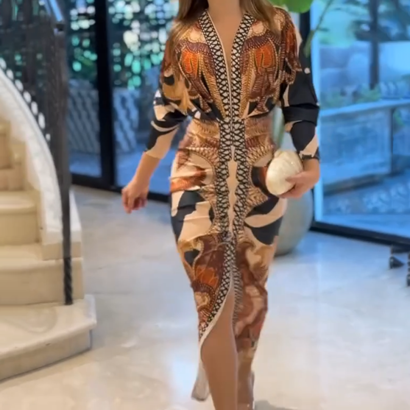 Schlankes Maxikleid mit V-Ausschnitt und Schlitzsaum