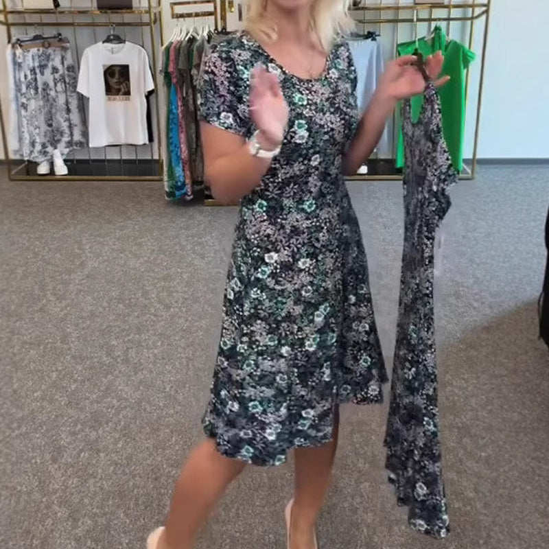 💐2025 Neue Ankunft 50%OFF💖Lässiges Damen-Kleid mit Rundhalsausschnitt und Blumendruck