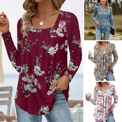 ✨🌸Damen-Tunika mit Falten und Blumenmuster