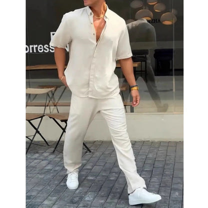 ✨Heißer Verkauf 50 % Rabatt✨👔Herren-Kurzarmhemden mit einfarbigem Revers ＆ Hosen-2-teiliges Set