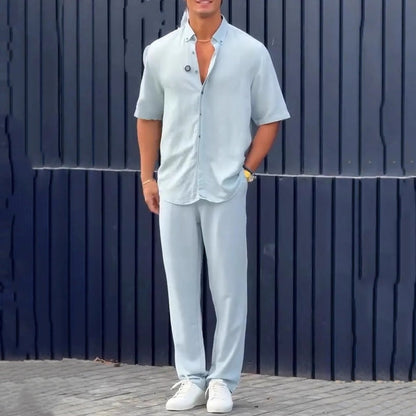 ✨Heißer Verkauf 50 % Rabatt✨👔Herren-Kurzarmhemden mit einfarbigem Revers ＆ Hosen-2-teiliges Set