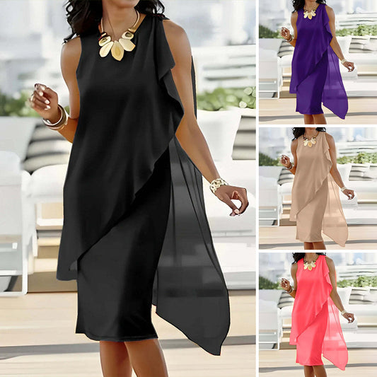 ⏳Zeitlich begrenztes Special⏰Damen Sommer Elegant Rundhals Asymmetrisch Mesh Ärmelloses Kleid👗