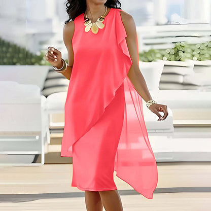 ⏳Zeitlich begrenztes Special⏰Damen Sommer Elegant Rundhals Asymmetrisch Mesh Ärmelloses Kleid👗
